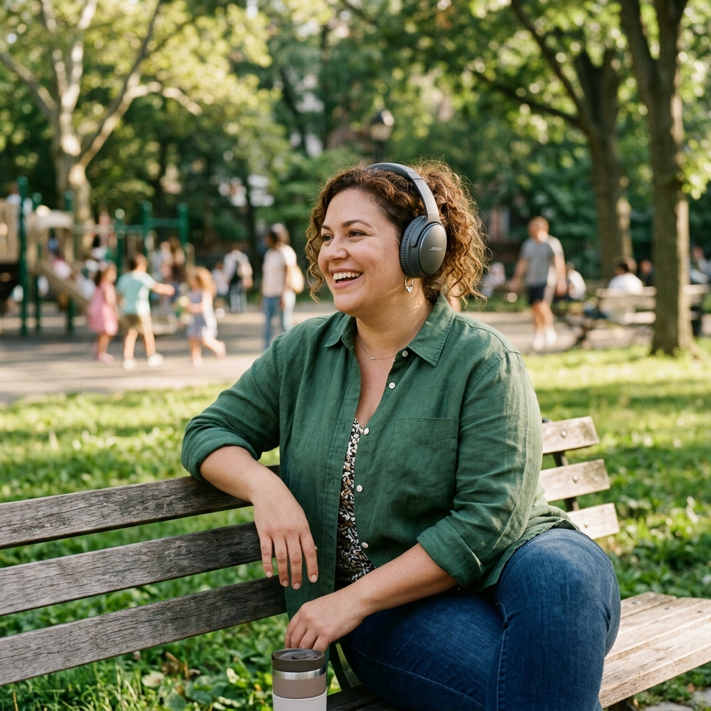 Happy woman listening to the audiobook